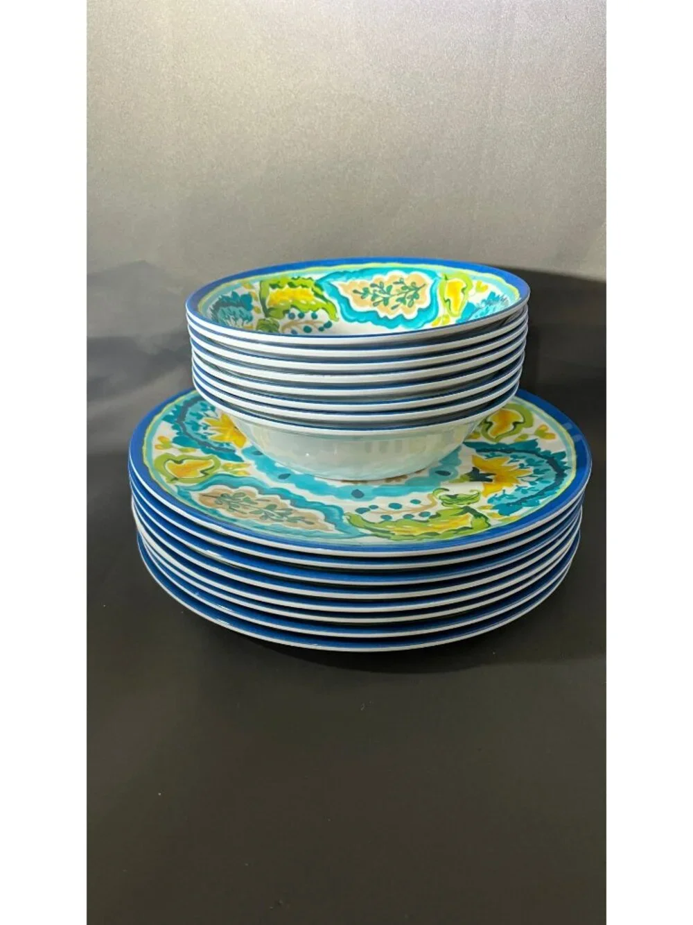 8 Better Homes & Gardens Aqua Watercolor Melamine Dinner Plates & Bowls